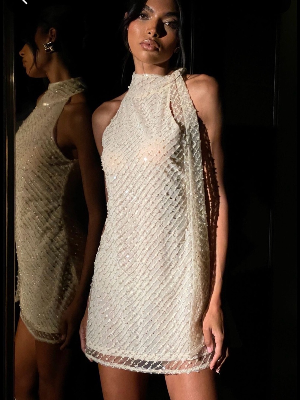 Meshki aubriella sequin halter mini dress with tie